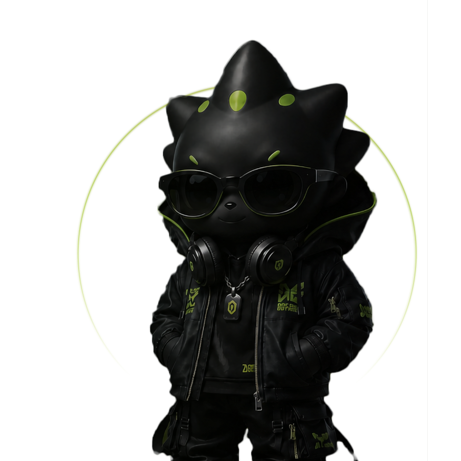 Hybee mascot character — a stylised black creature wearing sunglasses, headphones and a streetwear jacket, lit by a green ambient glow.